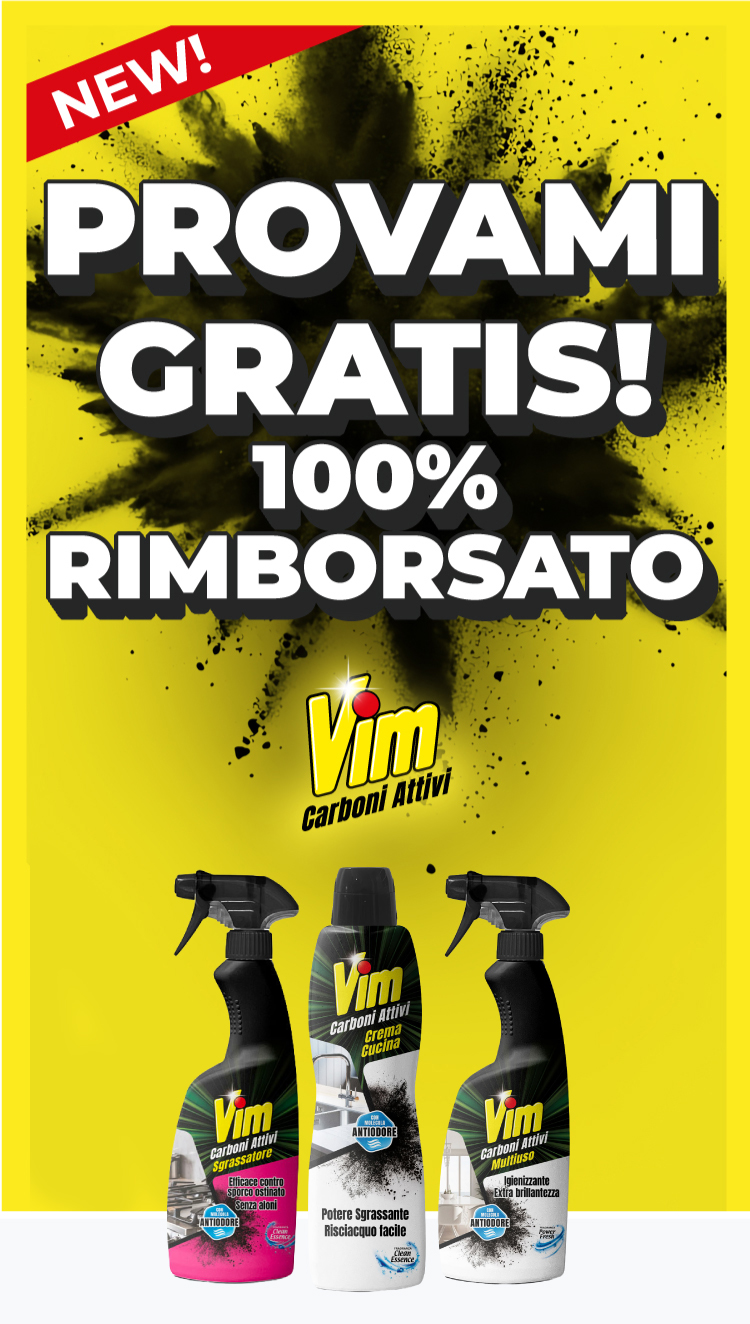 Immagine desktop col titolo dell' Iniziativa Cashback Provami Gratis. Acquistando 1 prodotto Vim ricevi il 100% di rimborso